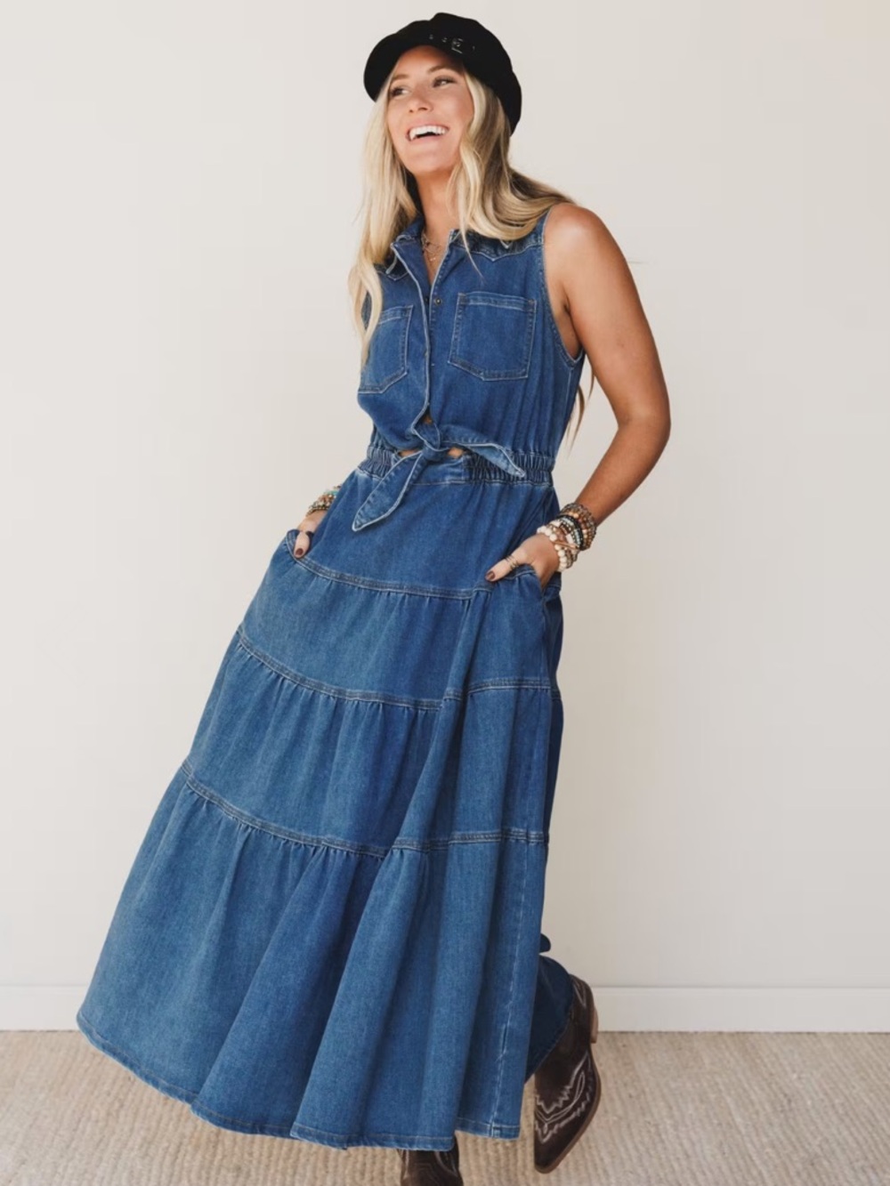 Three Bird Nest Blue Denim Sleeveless Tiered Maxi Dress
